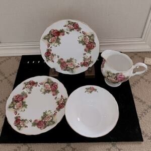 Vintage Tuscan Victoria rose patterned open sugar bowl, creamer, dessert plates